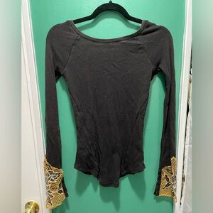 Free People Long Sleeve with Mustard Floral Mesh Sleeves Small